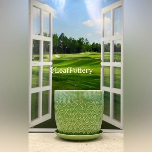 Celadon Green/Blue Ceramic Planter with Saucer Attached - Picture 3 of 9